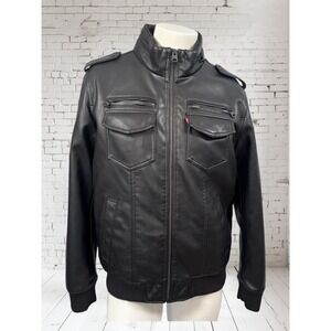 Levi's Faux Leather Jacket Mens M Black Sherpa Lined Full Zip Bomber Aviator Y2K